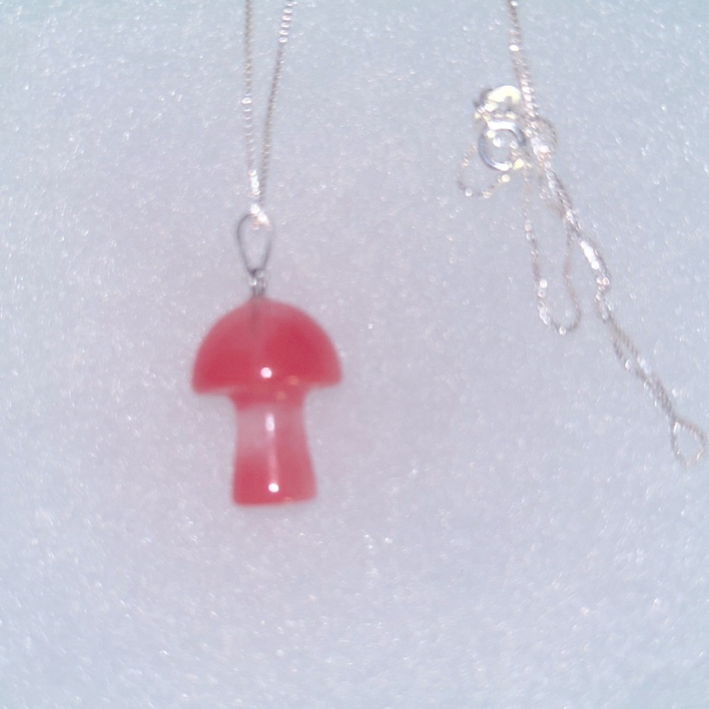 Psychedelic Boho Hippie Cherry Quartz Crystal Mushroom Silver Necklace 16”